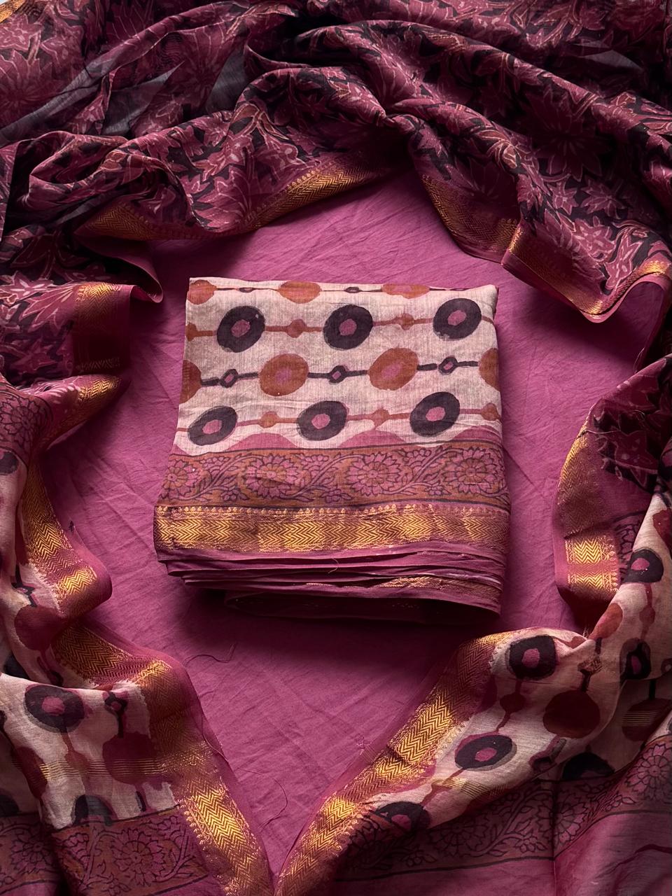 Maheshwari Silk Vanaspati Ajarakh Pomegranate Peel Dye Suit Sets ( BSAJ02 )