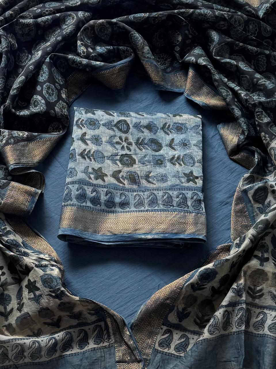Maheshwari Silk Ajrakh Suits In Vanaspati Pomegranate Peel Dye ( BSAJ09 )