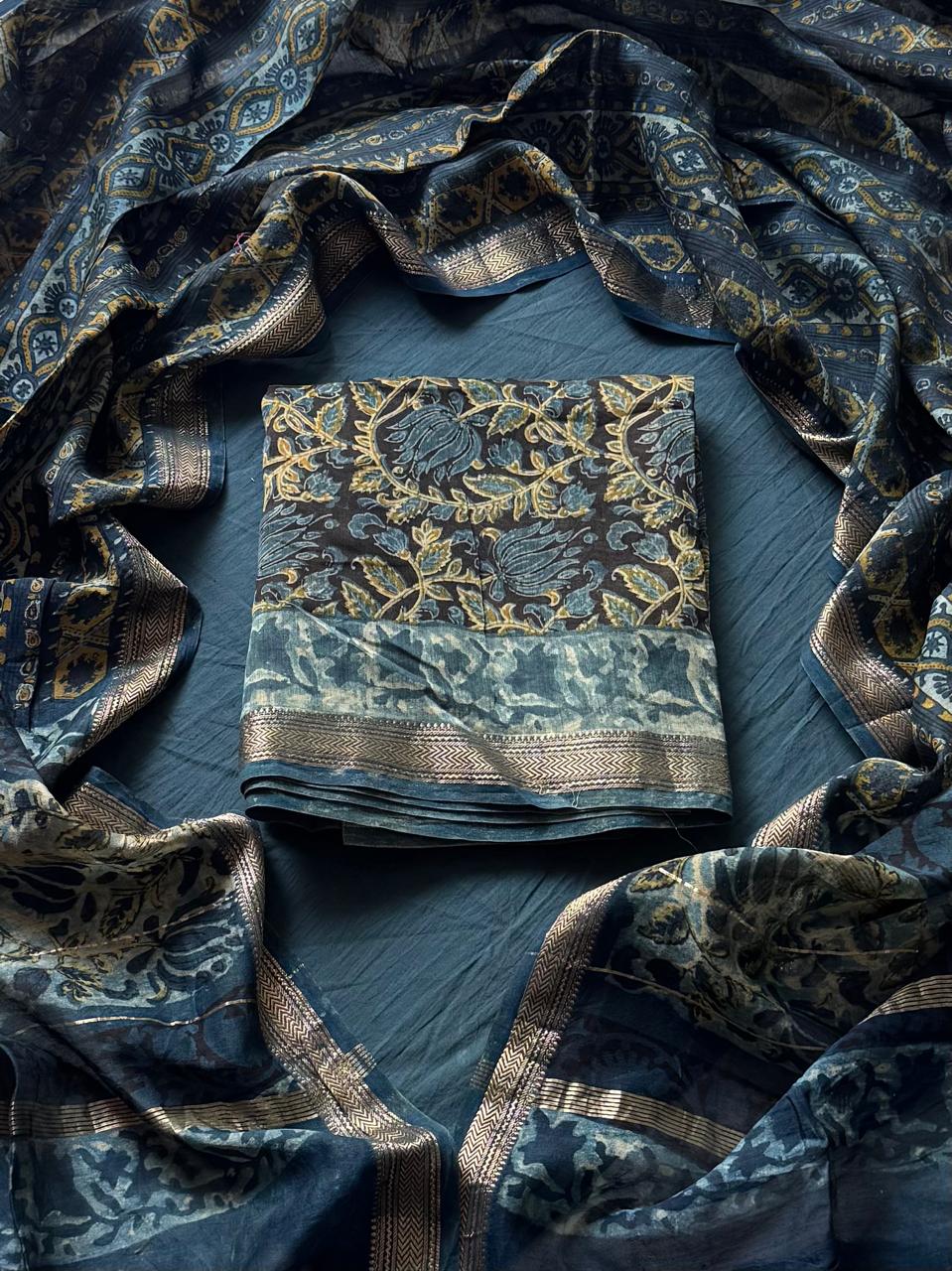 Vanaspati Ajrakh Pomegranate Dye Maheshwari Silk Suit Sets ( BSAJ17 )