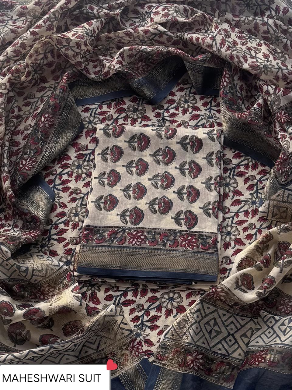 Royal Bagru Print Maheshwari Unstitched Silk Suit Set (BSMAHMA111)