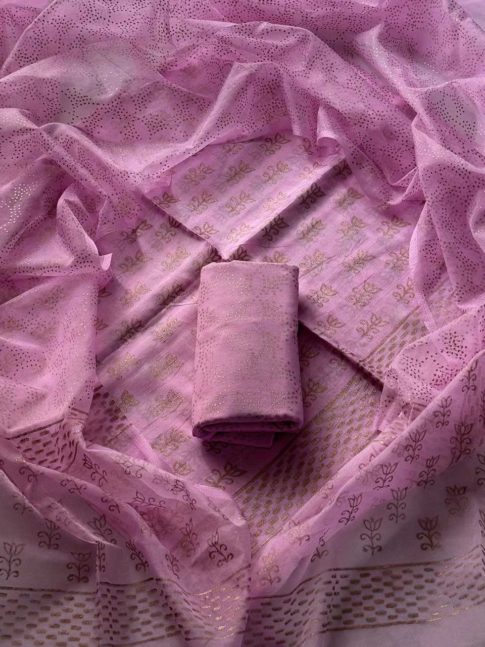 Exclusive Hand Block Gold Print Upada Silk with Organza Dupatta(BSUSCOD03)