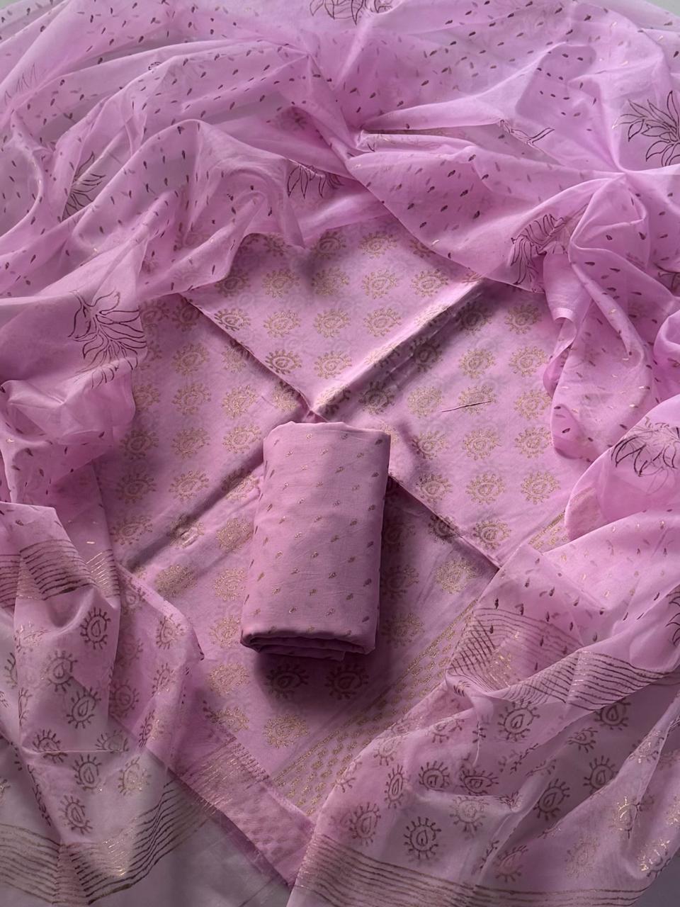 Elegant Gold Hand Block Printed Upada Silk with Organza Dupatta(BSUSCOD07)