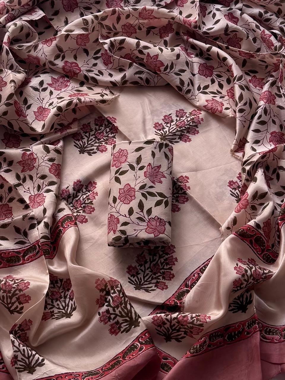 Sanganeri Print Upada Silk Unstitched Suit Set with Upada Dupatta ( BSUSUD08 )