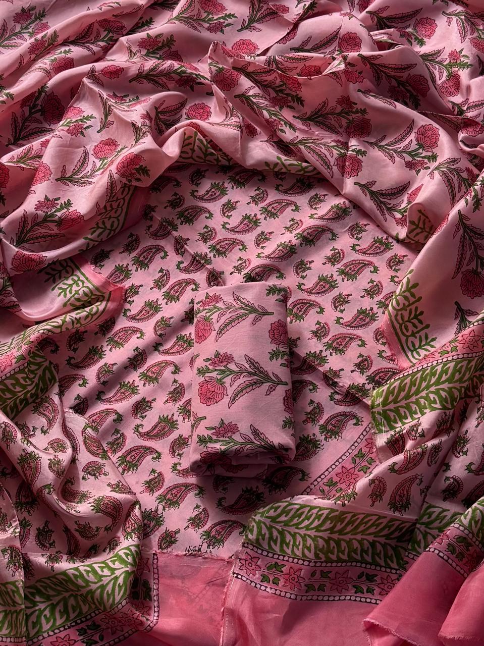 Sanganeri Print Upada Silk Unstitched Suit Set with Upada Dupatta ( BSUSUD11 )
