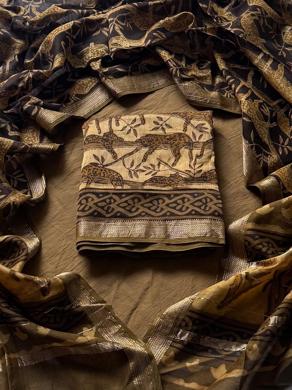 Maheshwari Silk Ajrakh Suits In Vanaspati Pomegranate Peel Dye ( BSAJ27 )