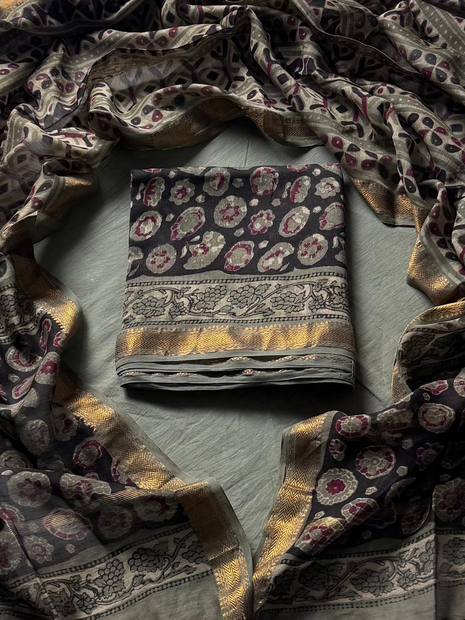 Maheshwari Silk Ajrakh Suits In Vanaspati Pomegranate Peel Dye ( BSAJ28 )