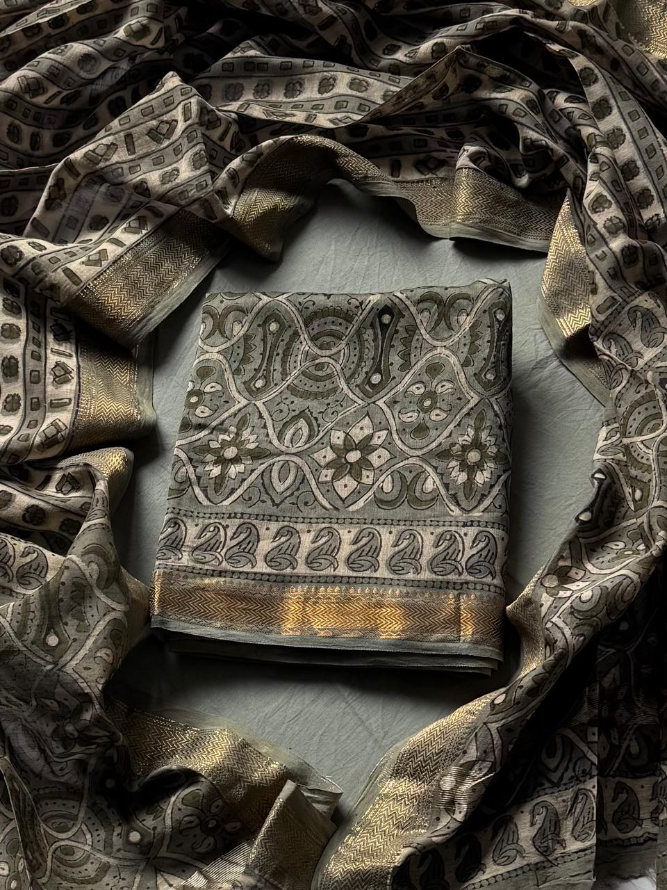 Maheshwari Silk Ajrakh Suits In Vanaspati Pomegranate Peel Dye (BSAJ35)