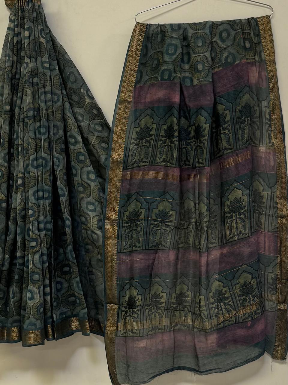 Royal Handcrafted Pomegranate Ajrakh Maheshwari Silk Saree (BSMSAJ04)