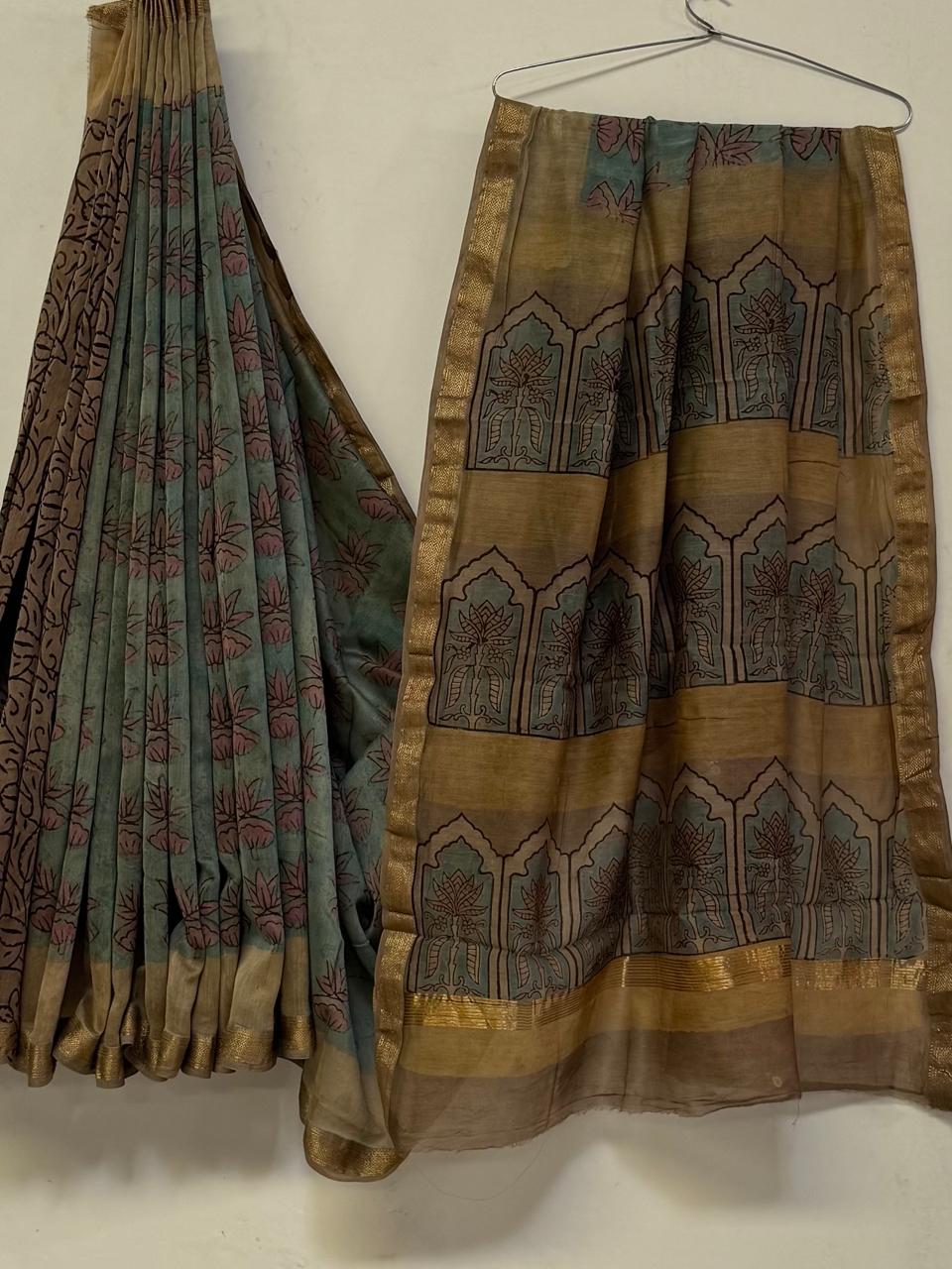 Premium Handcrafted Pomegranate Ajrakh Maheshwari Silk Saree (BSMSAJ09)