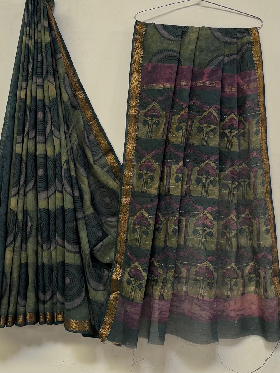 Premium Handcrafted Pomegranate Ajrakh Maheshwari Silk Saree (BSMSAJ12)