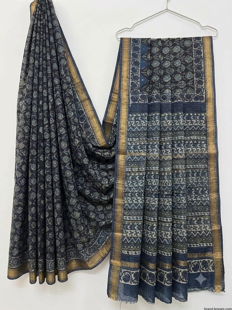 Premium Handcrafted Pomegranate Ajrakh Maheshwari Silk Saree (BSMSAJ15)