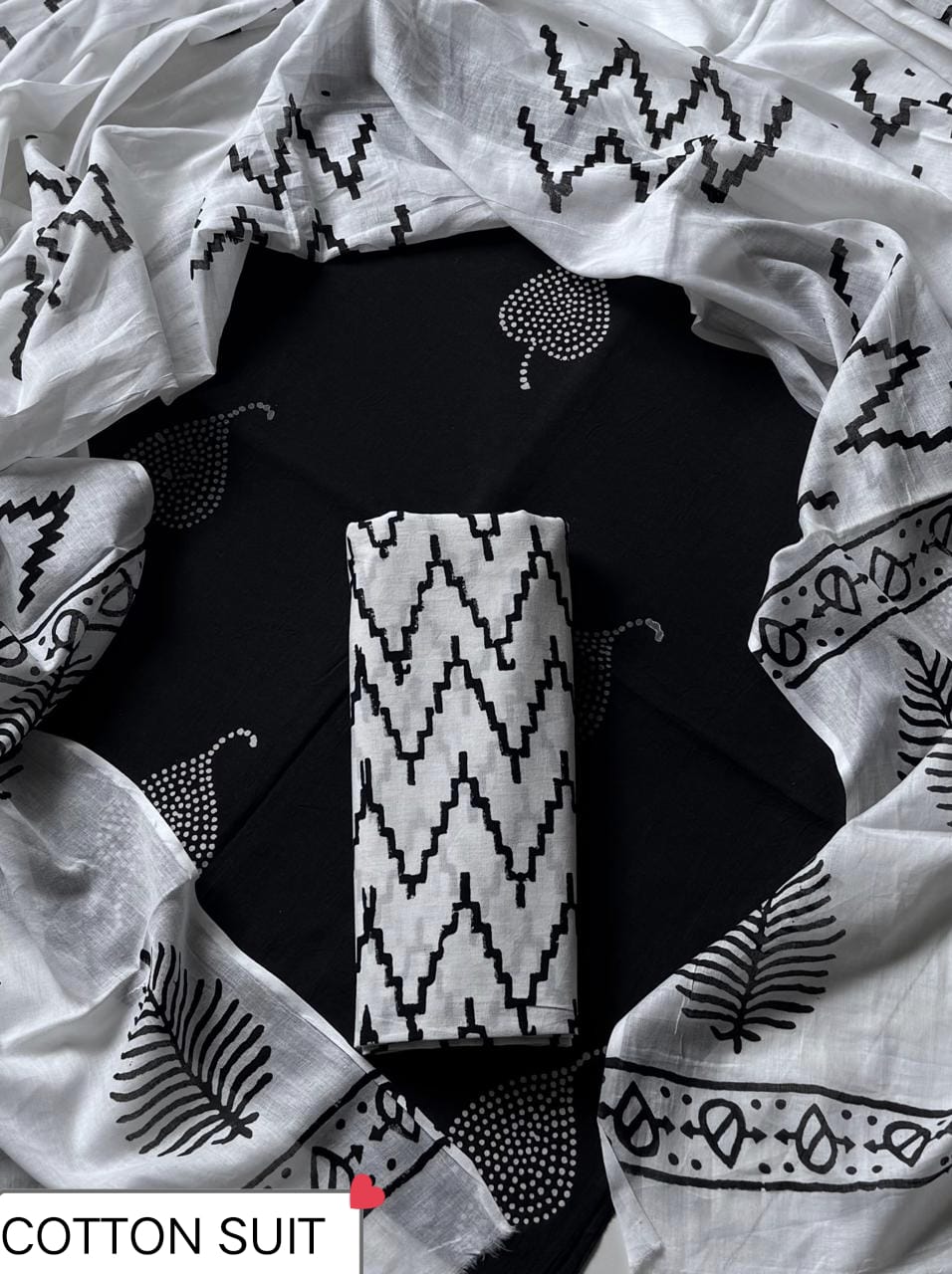 Premium Black and White Cotton Suit With Cotton Dupatta (BSCOTMU142)