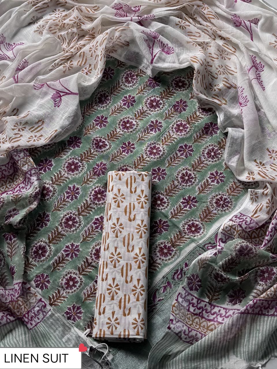 Traditional Sanganeri Printed Linen Suit With Linen Dupatta (BSLID57)