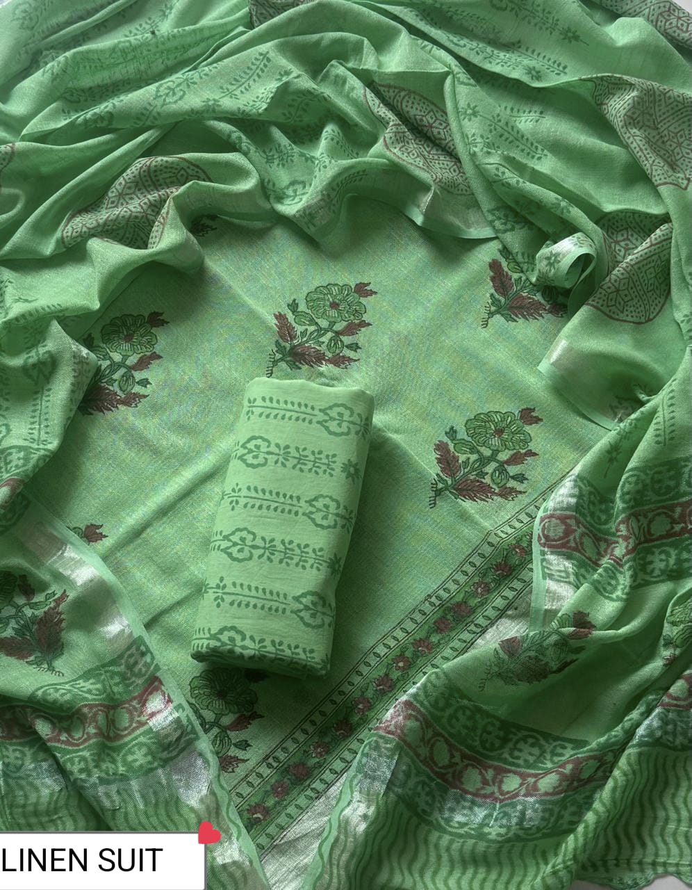 Traditional Sanganeri Printed Linen Suit With Linen Dupatta (BSLID56)