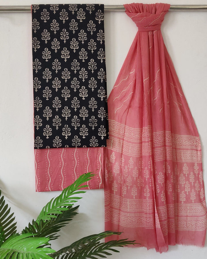 Hand Block Print Cotton Suit With Chiffon Dupatta