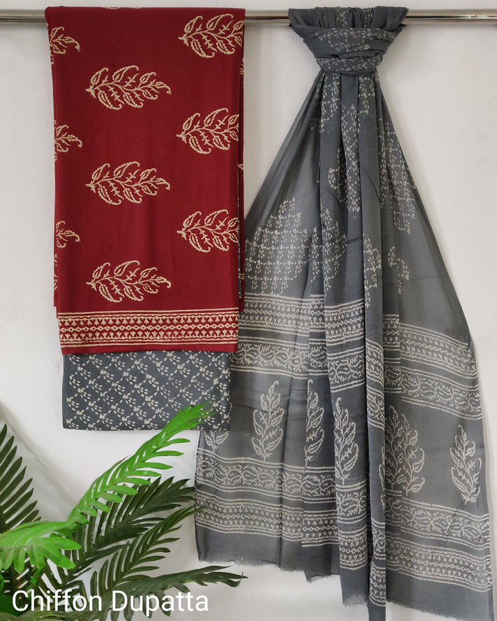 Hand Block Print Cotton Suit With Chiffon Dupatta