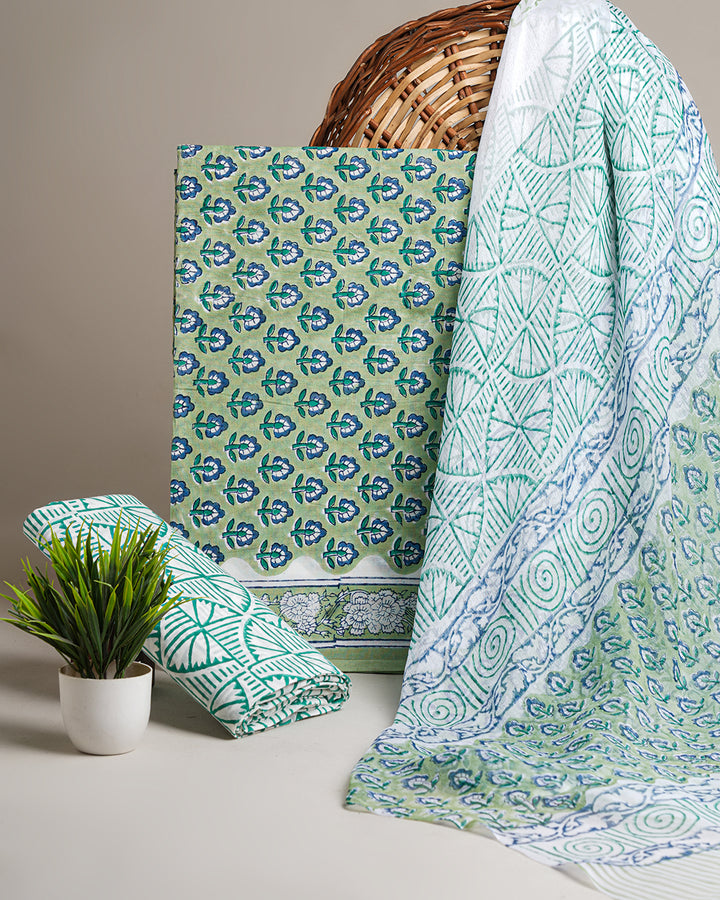 Hand Block Sanganeri Print Cotton Suit With Chiffon Dupatta