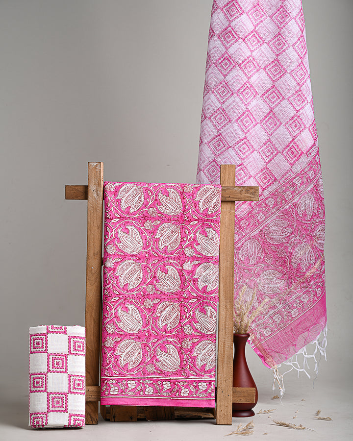 Hand Block Print Fabric, Cotton Suit With Kota Doria Dupatta