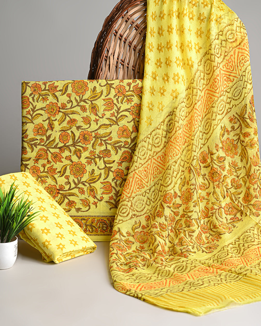 Premium Yellow Hand Block Sanganeri Print Cotton Suit With Chiffon Dupatta(BSCOTCH26)