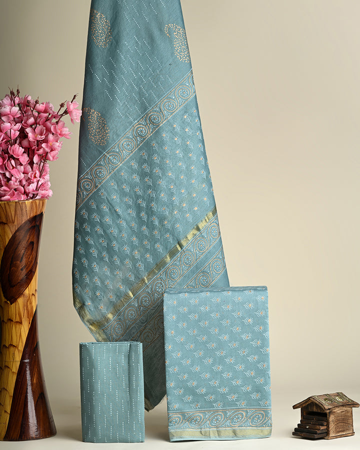 Hand Block Gold Print And Khadi Fabric Chanderi Silk Suit Set