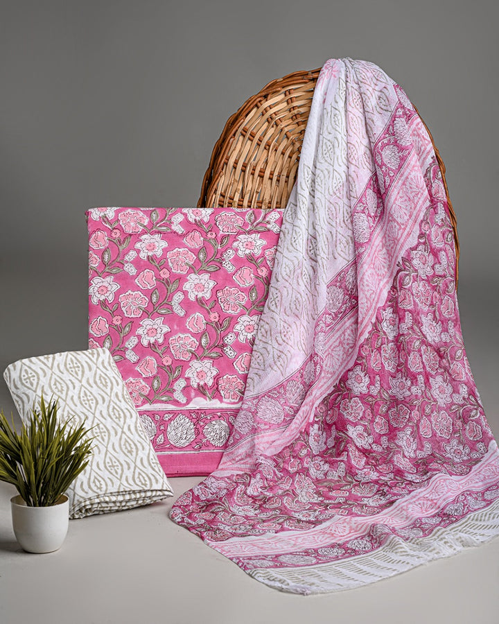 Hand Block Sanganeri Print Cotton Suit With Chiffon Dupatta