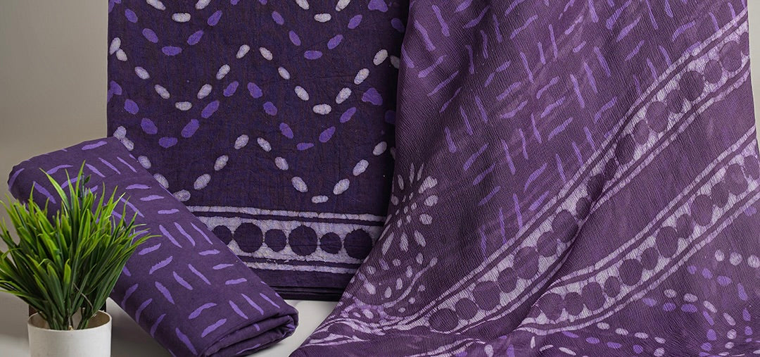 Floral Hand Block Print Cotton Suit With Chiffon Dupatta