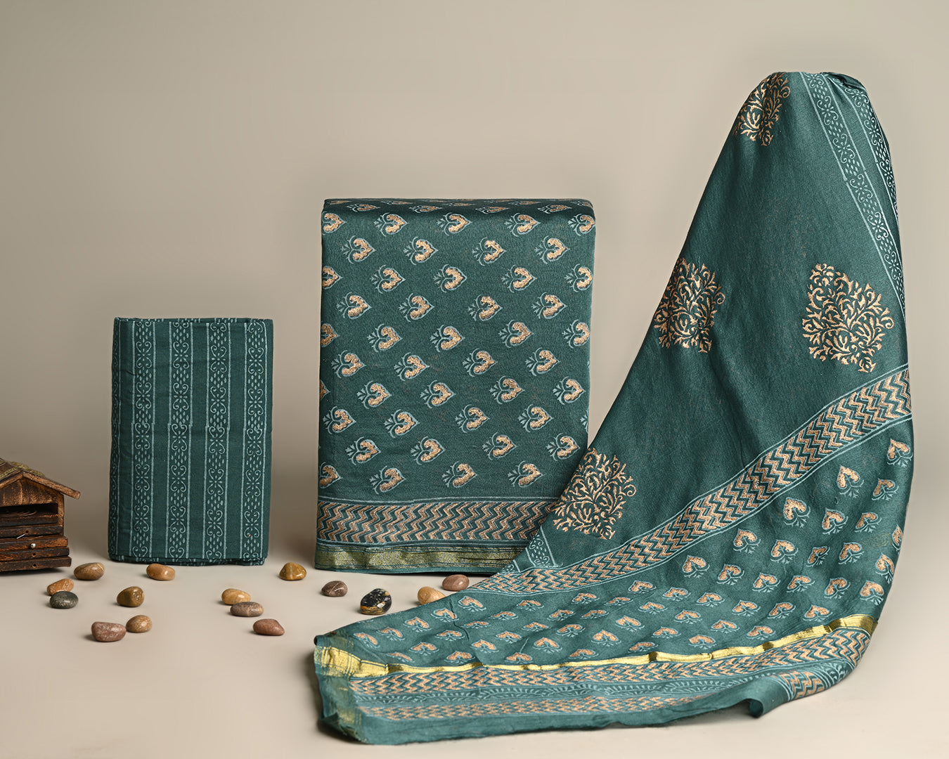 Hand Block Elegant Gold Print Chanderi Silk Suit Sets