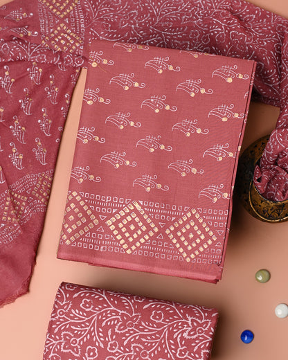 Premium Hand Block Khadi Gold Printed Cotton Suit With Chiffon Dupatta (BSCOTCH108)