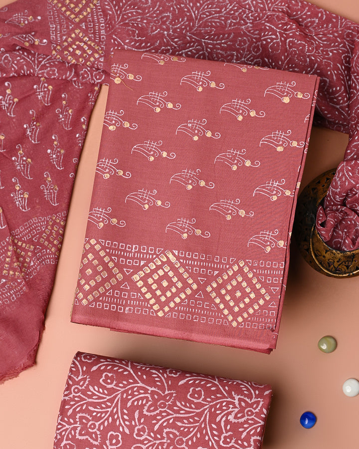 Premium Hand Block Khadi Gold Printed Cotton Suit With Chiffon Dupatta (BSCOTCH108)