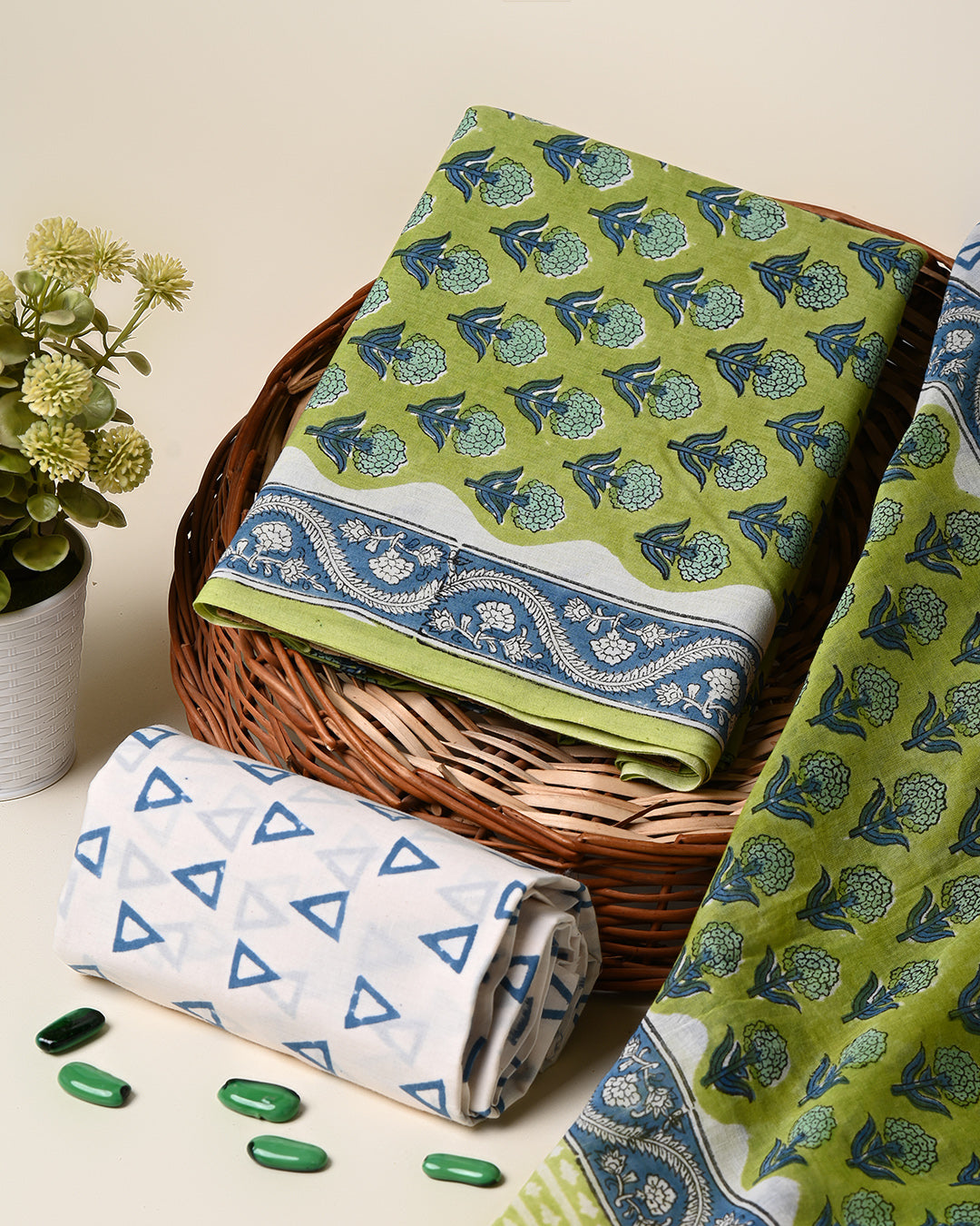 Elegant Green Sanganeri Hand Block Print Cotton Suit Sets With Cotton Dupatta CFCOTMU37