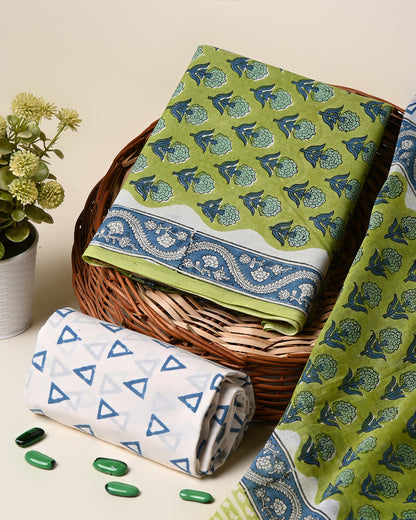 Elegant Green Sanganeri Hand Block Print Cotton Suit Sets With Cotton Dupatta CFCOTMU37