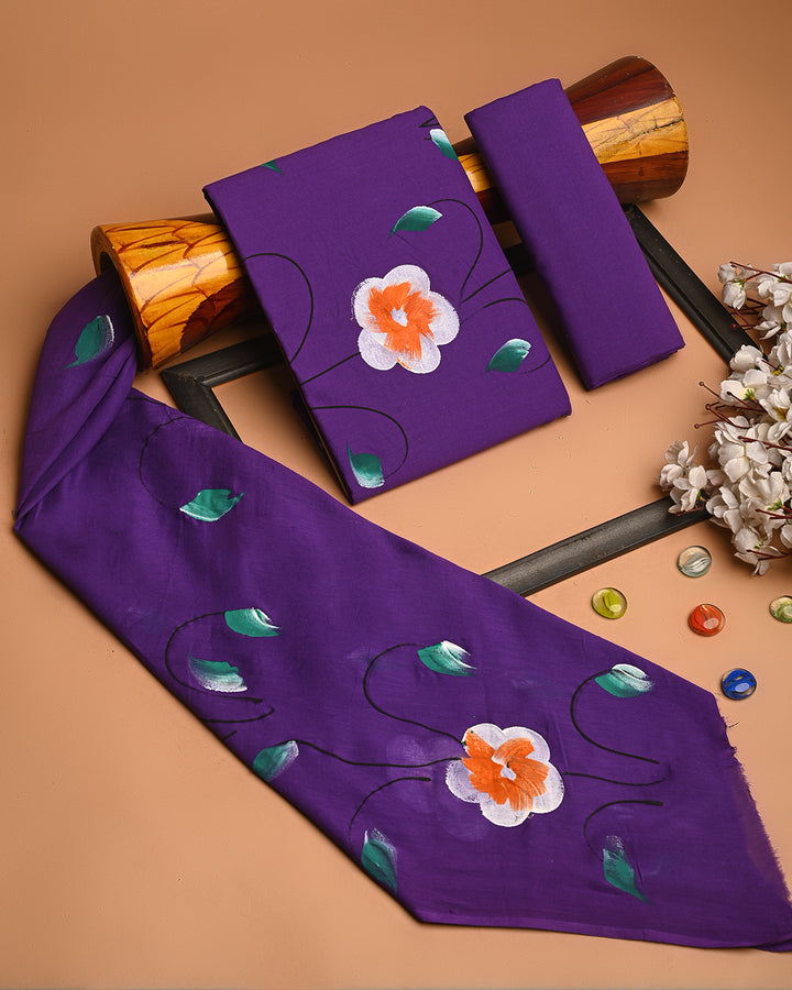 Premium Hand Painted Floral Cotton Suit With Cotton Dupatta (BSCOTMU52)