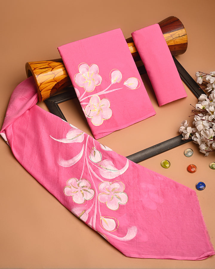 Elegant Pink Hand Painted Cotton Suit With Cotton Dupatta (BSCOTMU62)