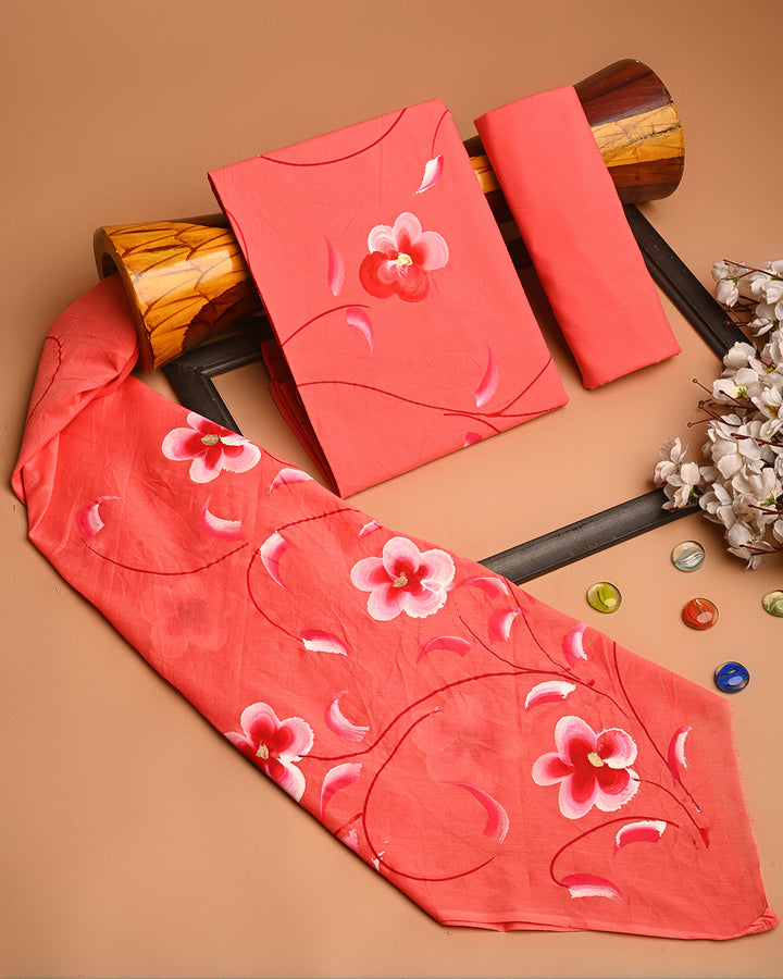 Luxurious Floral Hand Painted Cotton Suit With Cotton Dupatta (BSCOTMU48)