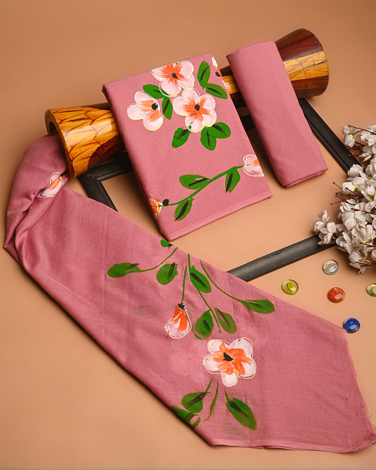 Majestic Floral Hand Painted Cotton Suit With Cotton Dupatta (BSCOTMU47)