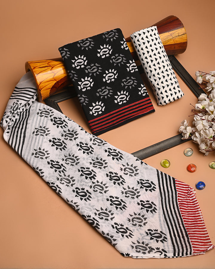 Classic Black And White Hand Block Printed Cotton Suit With Cotton Dupatta (BSCOTMU66)