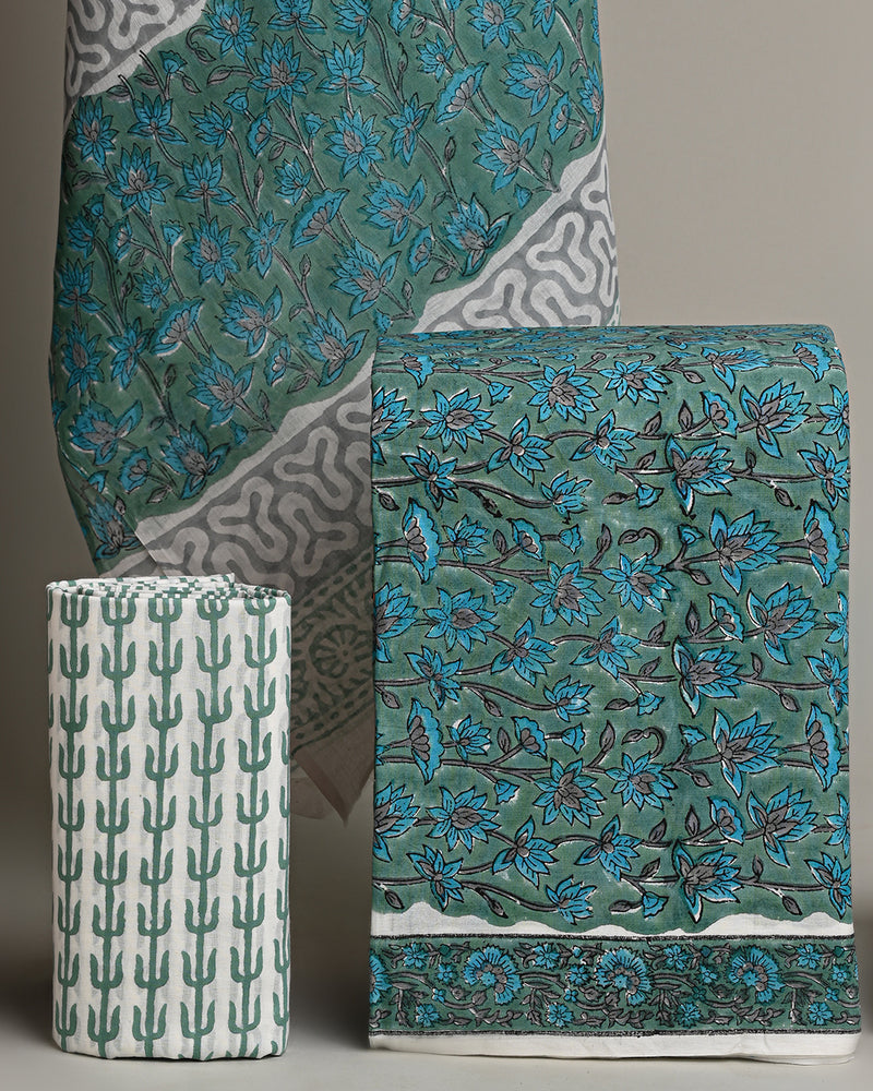 Hand Block Printed Cotton Suit With Cotton Dupatta