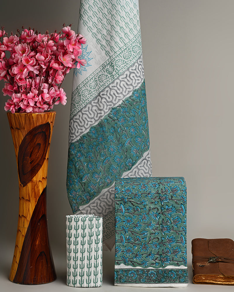 Hand Block Printed Cotton Suit With Cotton Dupatta