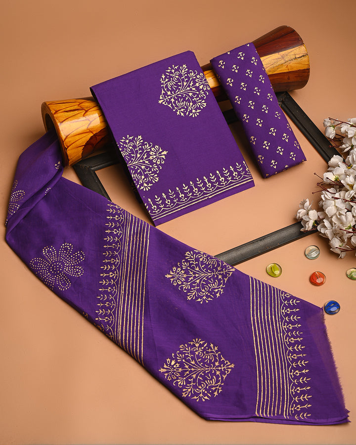 Exclusive Gold floral Hand block printed Cotton Suit With Cotton Dupatta (BSCOTMU57)