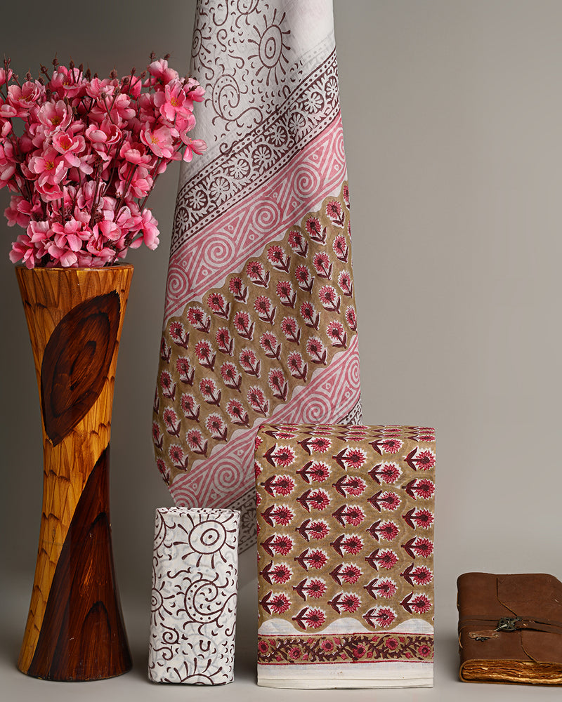 Hand Block Printed Cotton Suit With Cotton Dupatta