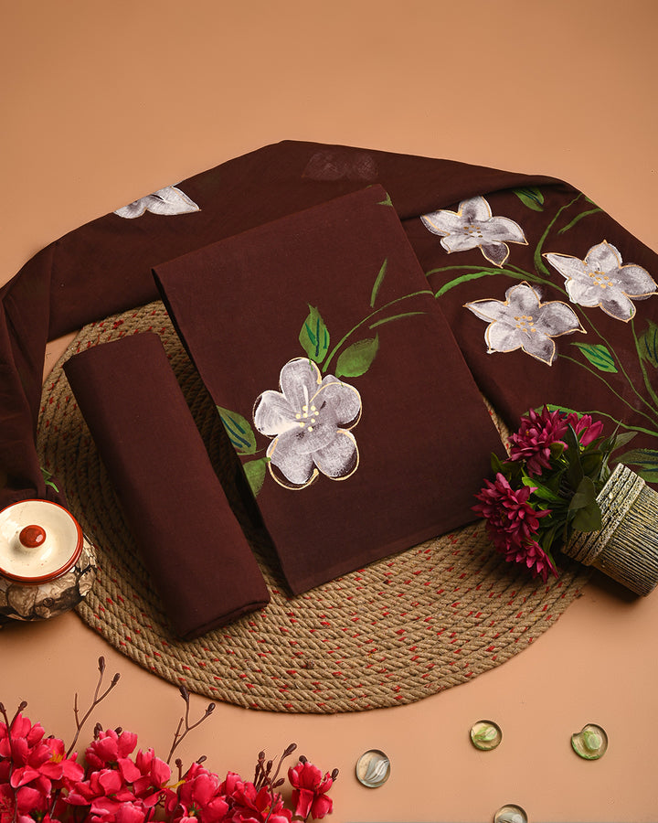 Title Elegant Brown Hand Painted Cotton Suit Sets With Cotton Dupatta CFCOTMU76