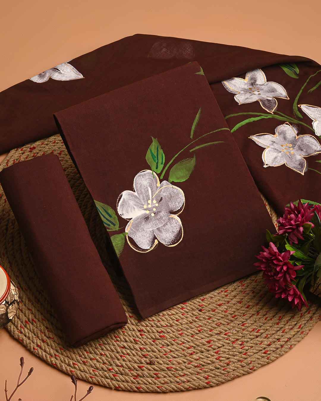 Title Elegant Brown Hand Painted Cotton Suit Sets With Cotton Dupatta CFCOTMU76