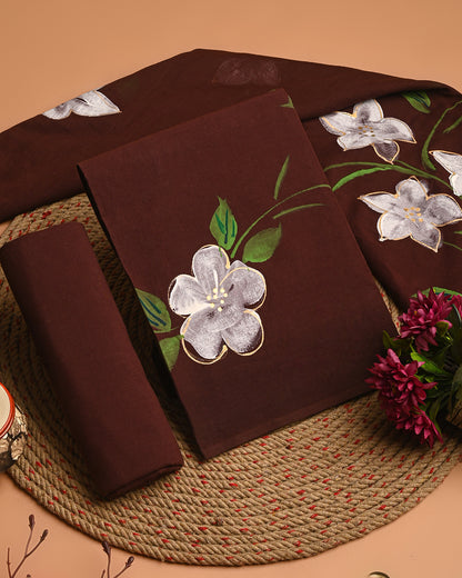 Title Elegant Brown Hand Painted Cotton Suit Sets With Cotton Dupatta CFCOTMU76