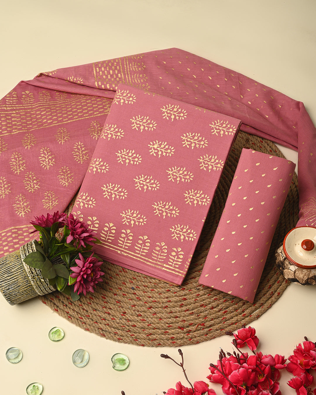 Elegant Golden Print Hand Block Print Cotton Suit Sets With Cotton Dupatta  CFCOTMU67