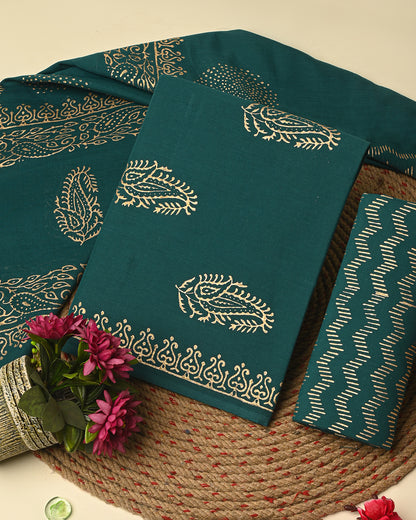 Premium Green Golden Hand Block Print Cotton Suit Sets With Cotton Dupatta CFCOTMU66