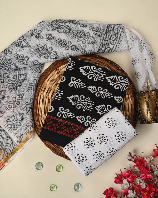 White - Block Printed Kota Doria Cotton Sanganeri Dupatta 29
