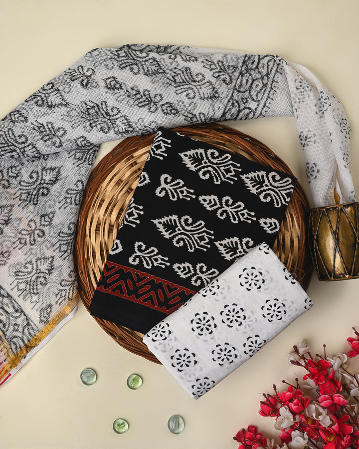 Black - 3pc Block Print Kota Doria Cotton Sanganeri Unstitched Dress Material 15