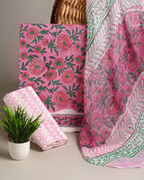 Hand Block Sanganeri Print Cotton Suit With Chiffon Dupatta