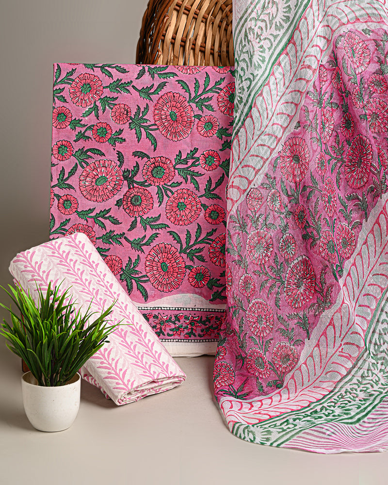 Hand Block Sanganeri Print Cotton Suit With Chiffon Dupatta