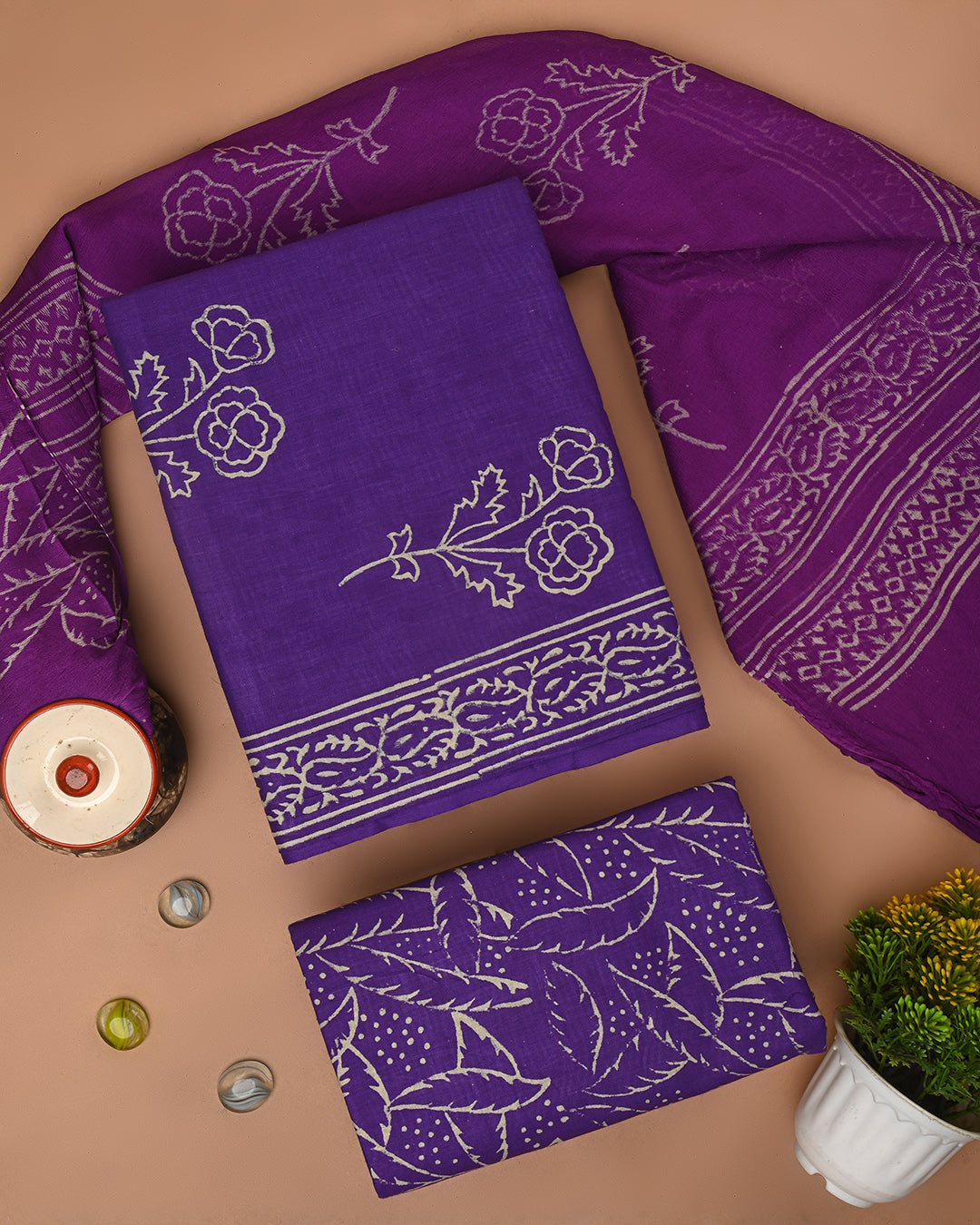 Premium Purple Hand Block Printed Cotton Suit With Chiffon Dupatta (BSCOTCH66)